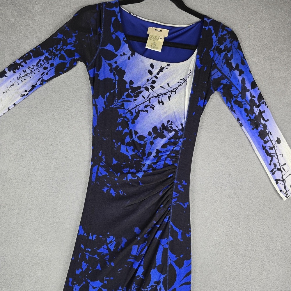 Fuzzi Dress Womens M Blue‎ Floral Mesh Ruched 3/4 Sleeve Bodycon Midi Italy